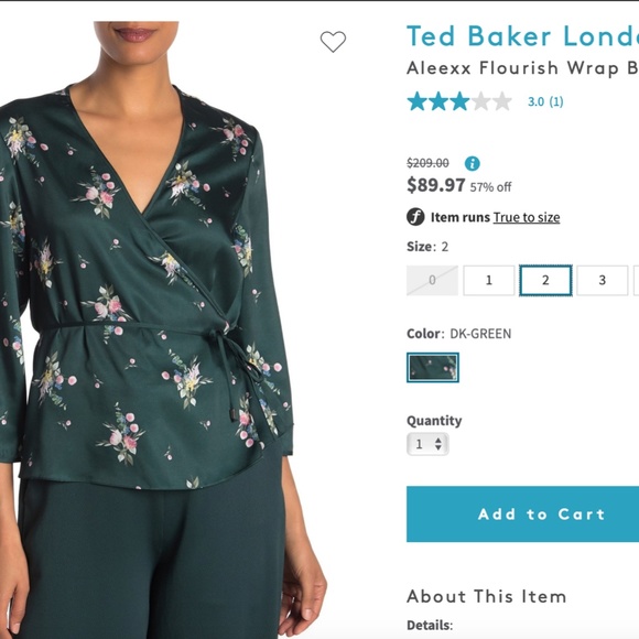NWT $209 TED BAKER GREEN FLORAL ALEEXX WRAP BLOUSE TOP TB SZ 2 US 4-6 S M - Picture 12 of 12